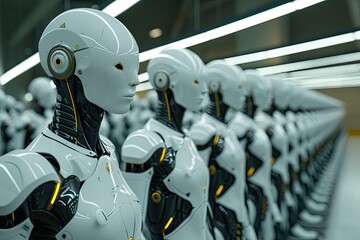 Aufkleber - Futuristic robotic mannequin heads Synthetic humans co-existing with real humans in a futuristic society