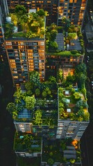 Poster - Aerial View of Eco Friendly City with Rooftop Gardens and Solar Panels  Showcasing Sustainable Urban Planning and Clean Energy Concept