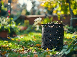 Wall Mural - Compost Bin in Verdant Backyard Garden Showcasing Household Organic Waste Management Concept