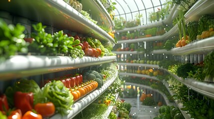 Poster - Innovative Futuristic Greenhouse with Vertical Farming Towers and Fresh Produce