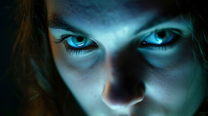 Determined Female AI Hacker in Close-up, Face Illuminated by Screen Light