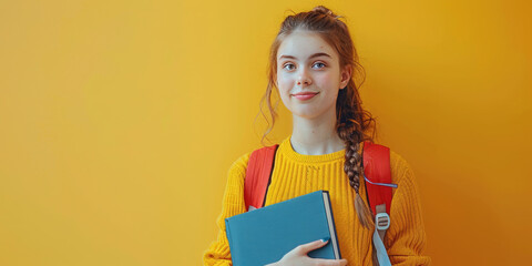 Wall Mural - Portrait of a beautiful happy female student, schoolgirl with books on a yellow background. Banner. Copy space. Back to school