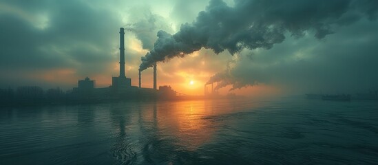 Wall Mural - Industrial Sunset Over Water with Smoke Plumes