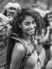 Wall Mural - A happy traveler smiling for the camera while wearing a backpack, suggesting adventure and freedom