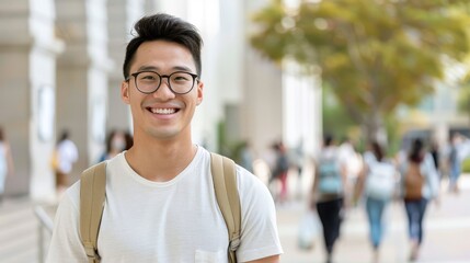 Wall Mural - A young Asian man wearing glasses and a backpack is smiling for the camera