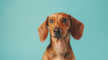 Wall Mural - Portrait of a young dachshund in a studio against a light blue backdrop