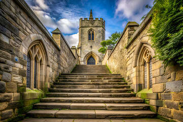 a stone staircase leads to a castle. the castle is old and has a gothic style. the sky is blue and t