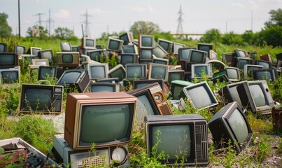 A Pile of Old Televisions in a Field