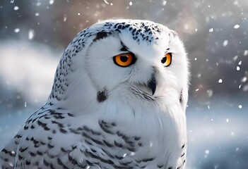 Wall Mural - ai generated illustration of a closeup of a snowy owl with bright orange eyes in winter