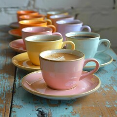 Wall Mural - AI generated illustration of a closeup of pastel-colored ceramic coffee cups on the table