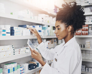 Poster - Black woman, tablet and pharmacist at shelf for stock take, storage or check inventory. Tech, pharmacy and medical worker with drugs for online prescription order, information or healthcare at store