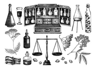 vintage apothecary hand-drawn vector illustrations. antique apothecary box, scales, glassware, incen