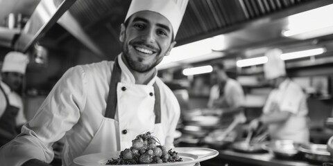 A chef preparing food in a kitchen with a plate in hand