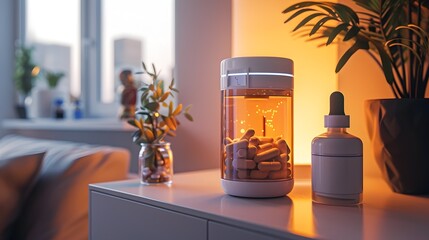 Poster - smart medication tracking bottles on sleek bedside table improving patient adherence and healthcare 