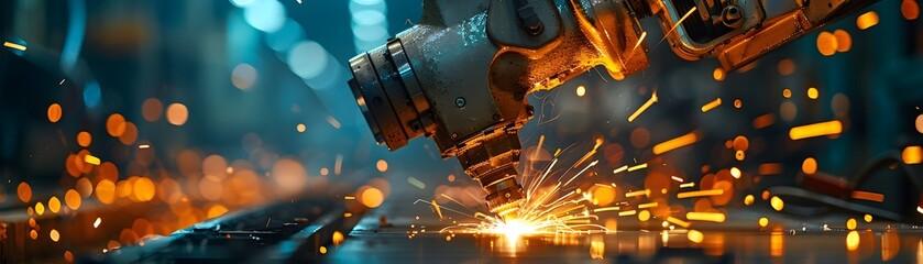 Poster - Robotic Welding in High Tech Manufacturing Plant with Sparks Showcasing Industrial Automation