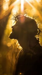 Wall Mural - Glorious jesus silhouette with crown of thorns in bright realistic light, spiritual image