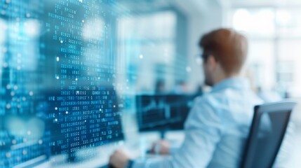 Blurred side view of a programmer working on a computer with code overlay, representing software development and coding concepts.