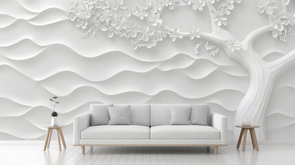 Wall Mural - A white wall with a tree and a couch in the middle