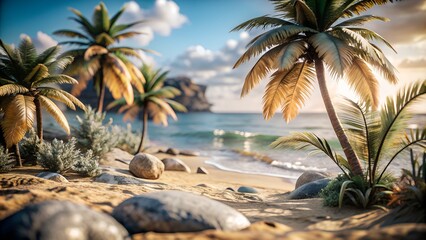 lost island view from the shore of the sea waves and palm trees