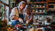 © chutikan - senior couple in aprons is tasting dishes and smiling while cooking together in kitchen