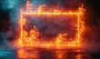 © Raool - Empty frame with electric power round border glowing, burning flame sign. Blank rectangle fire with electric power around frame lights. image of emerald electric energy power, Generative AI