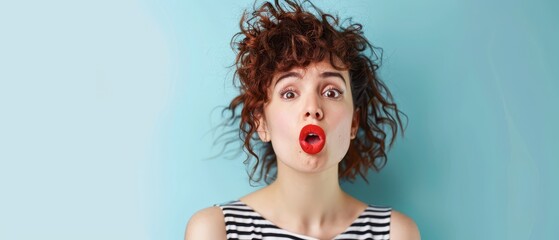 Wall Mural - Woman With Curly Hair and Red Lipstick In Front of Blue Background