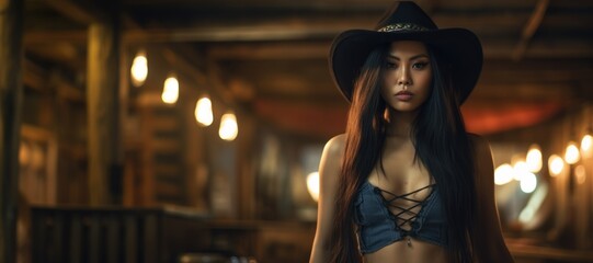 A sexy beautiful badass asian cowgirl wearing lingerwear - Amazing cowgirl background - Clothes are in the raw, tough and grunge dessous like style - Asian cowgirl wallpaper, ai generated