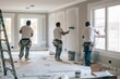 © blinkstud.io - three male workers from the professional home renovation service painting walls light gray in a big bright living room interior inside a new modern house or apartment