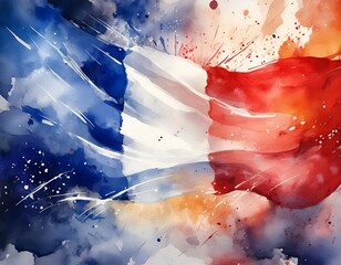 Wall Mural - French flag waving in the wind. Watercolor painting. Vector illustration.