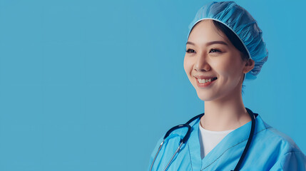 Wall Mural - Smiling doctor. Healthcare service. Medical employee. Friendly cheerful caring woman surgeon in hospital uniform isolated on blue empty space background.