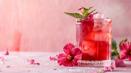 Poster - Soft coral backdrop displaying an elegant glass of iced hibiscus tea with a hint of honey and a hibiscus flower garnish