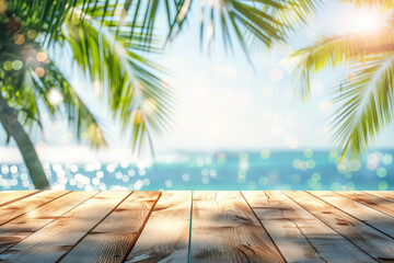 Canvas Print - Summer table and sea with blurred palm leaves