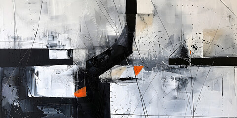 Wall Mural - A contemporary abstract painting featuring black and white geometric lines and shapes with subtle textures.