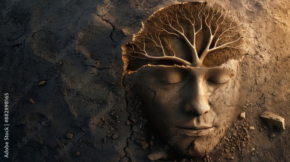Surreal art of a face carved into the earth with a tree spreading in ...