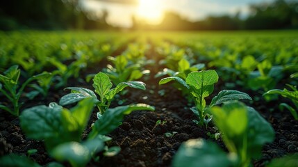 Young Green Plants in a Field at Sunset