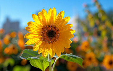 Wall Mural - A single yellow sunflower is the main focus of the image