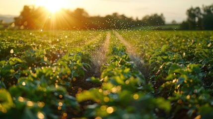 Sunset Over Green Field With Sprinkler