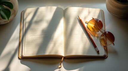 Poster - Open Notebook, Sunglasses, and Pencil on a White Surface