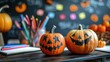 © Kunalai - Classroom desk with two decorated pumpkins, colorful pencils, and Halloween-themed background, creating a festive and creative learning environment.