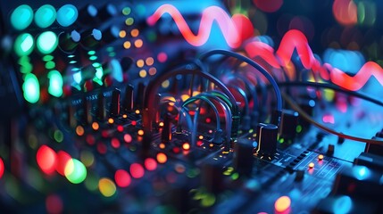 Poster -  A high-tech audio interface showcasing additive synthesis, building complex sounds by adding together multiple sine waves at different frequencies, amplitudes, and phases