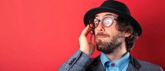 Wall Mural - Man Wearing Glasses and a Hat Looks Skeptical Against Red Background