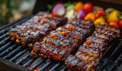 Wall Mural - A grill with meat and vegetables on it. The meat is cooked and has a nice brown color.