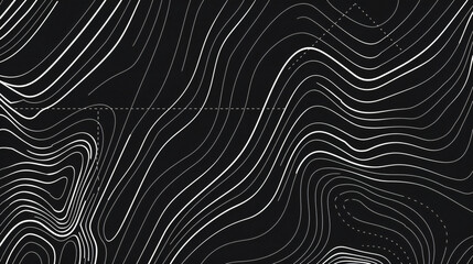 Poster - Topographic map background, vector illustration with white lines on black background. Abstract design for travel or outdoor activities concept. Flat lay. Minimal style. Vector Illustration.
