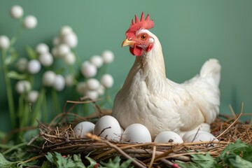 Wall Mural - A chicken sits in nest on a background of flowers. White chicken on white eggs on a green background. Chicken eggs. Pet.