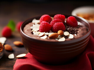 Wall Mural - Close up of a heathy smoothie bowl with raspberries, seeds and almonds on top, blurry background