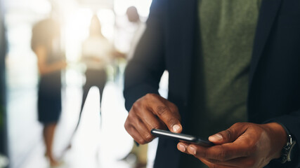 Fototapete - Phone, scroll and hand of businessman with mobile app, online report and connectivity for project management. Office, networking and business consultant on smartphone for research, agenda or schedule