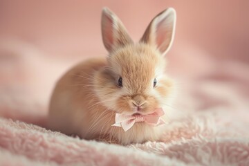 Wall Mural - Brown rabbit with pink bow. Rabbit on the background of pink fabric. Pastel colors. Pet.