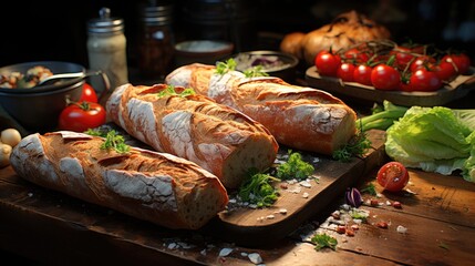 Poster - A display of freshly baked baguettes, showcasing their golden brown crusts and soft interior textures, was arranged on an old wooden table at the French ...  