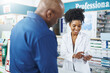 © JorSons/peopleimages.com - Woman, pharmacist and customer with medicine in clinic of product stock, advice and information for prescription. Healthcare, person and client with pills for pharmaceutical, instructions and safety