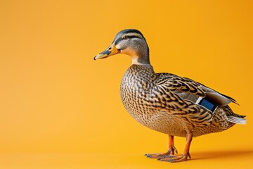 Wall Mural - Brown duck on a yellow background. Duck in professional photo studio. Mallard. Pet. Bright background. Native bird.